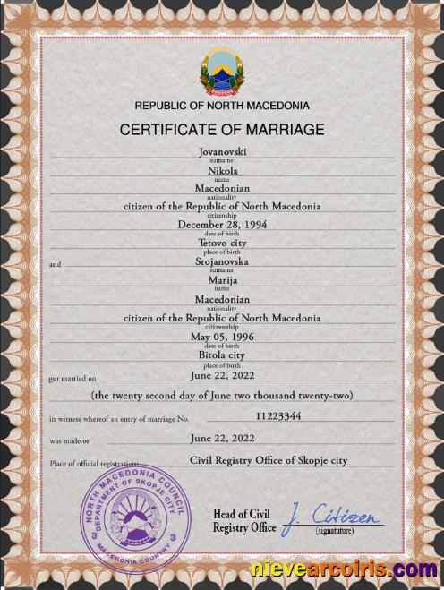 North Macedonia marriage certificate
